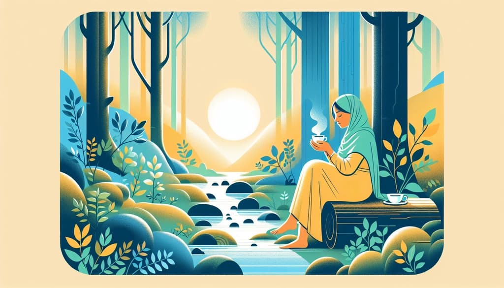 Person resting near a forest stream at dawn, holding a cup in gentle light.