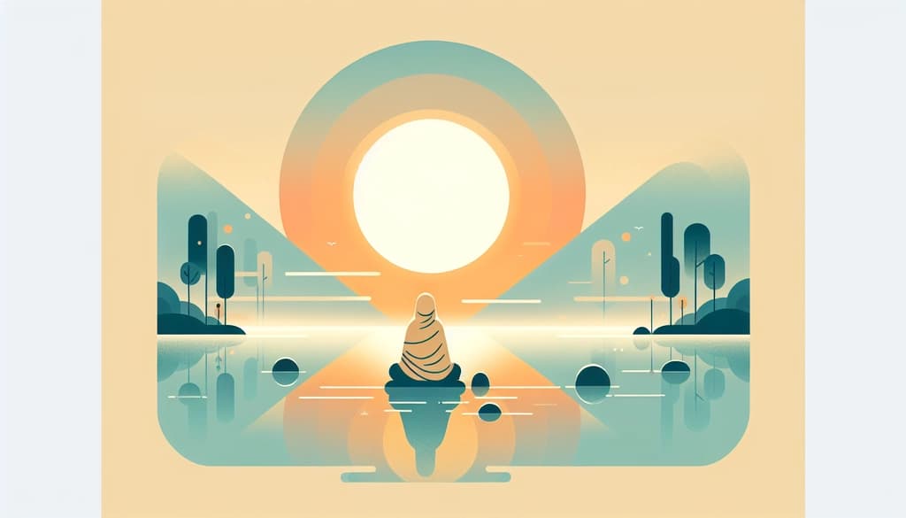 Person seated by a calm lakeshore at dawn, trees and mist reflecting on the water.