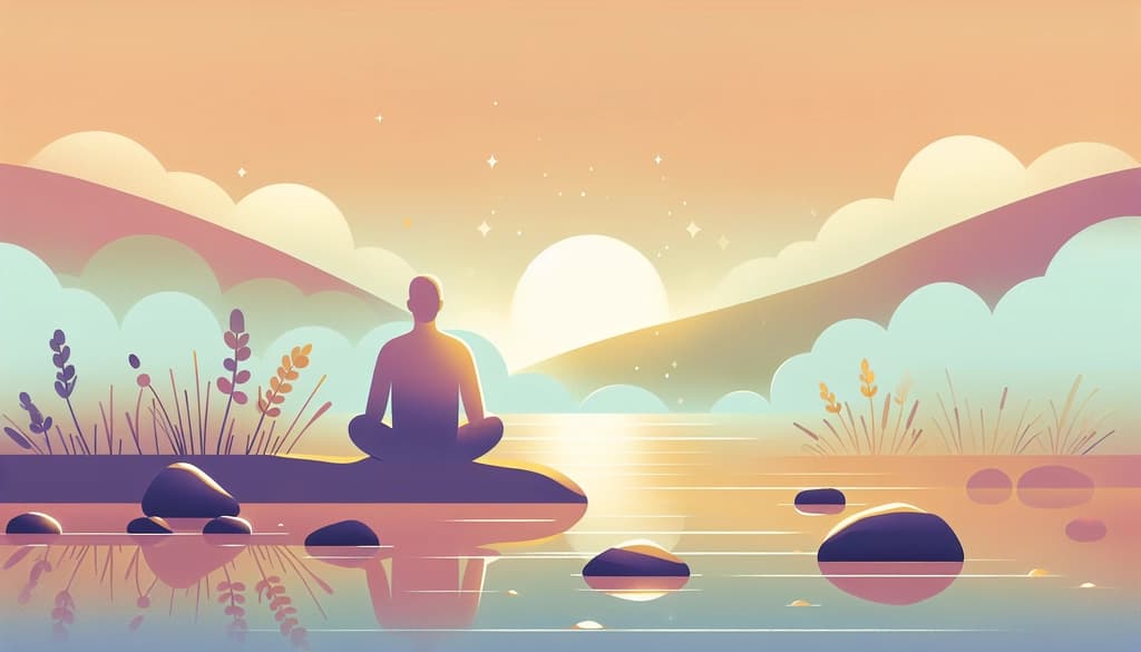 Person seated quietly by a misty riverside at dawn, enveloped in soft morning light.