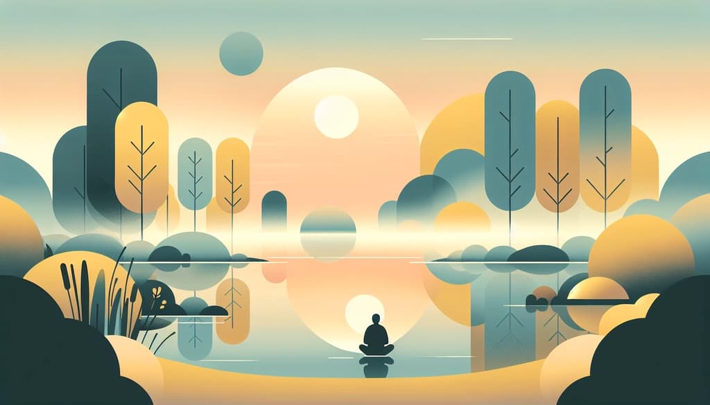 Person sitting beside a misty lake at dawn, trees and water reflecting quiet presence.