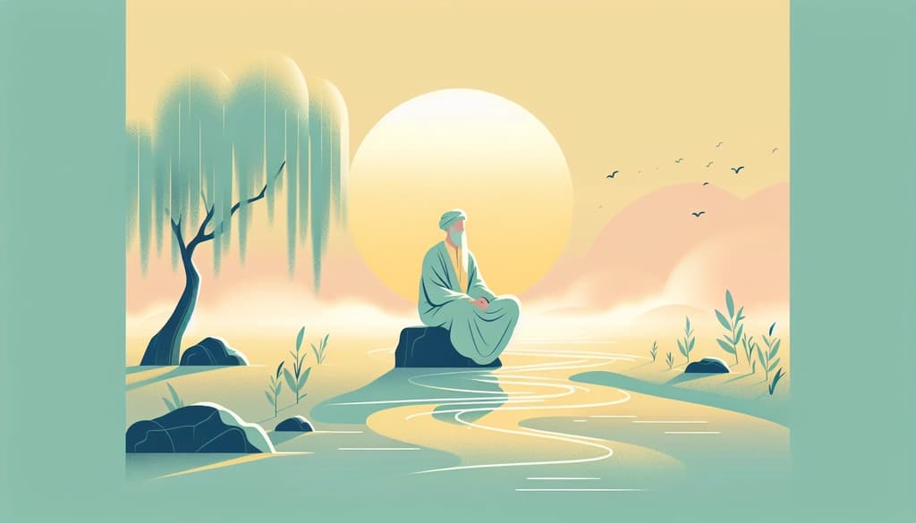 Person sitting by a misty river at dawn, surrounded by willow trees, evoking Taoist tranquility.