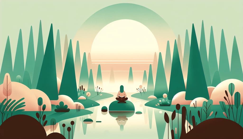 Person sitting by a misty woodland pond at sunrise, reflecting with a journal.