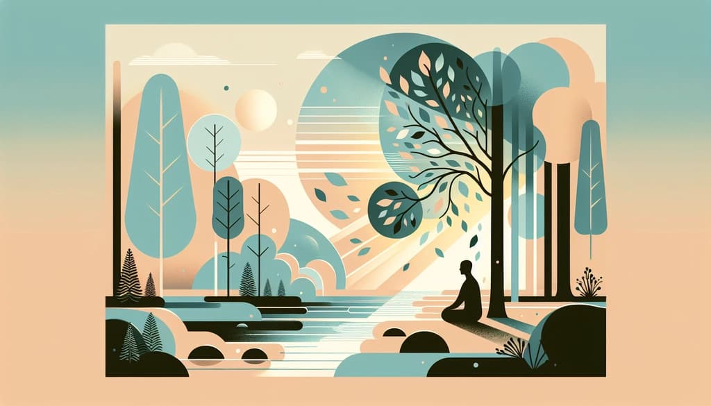 Person sitting by a woodland stream at sunset, surrounded by trees and falling autumn leaves.