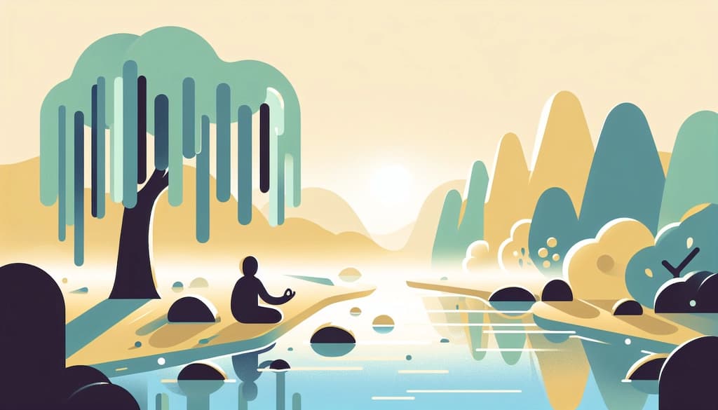 Person sitting peacefully beside a misty river, surrounded by willows and ancient stones.