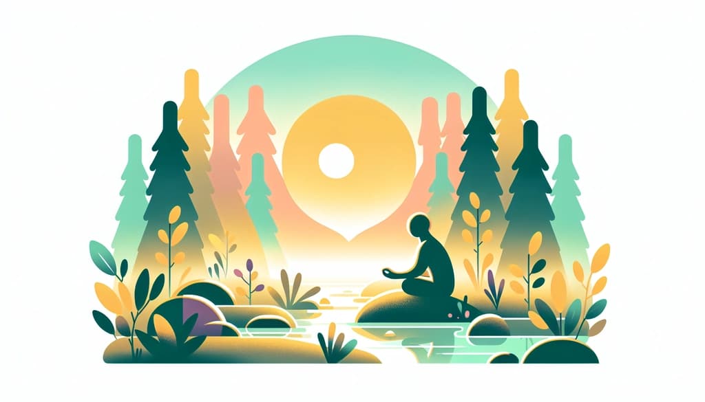 Person sitting quietly by a forest stream at sunrise, surrounded by mist and pine trees.