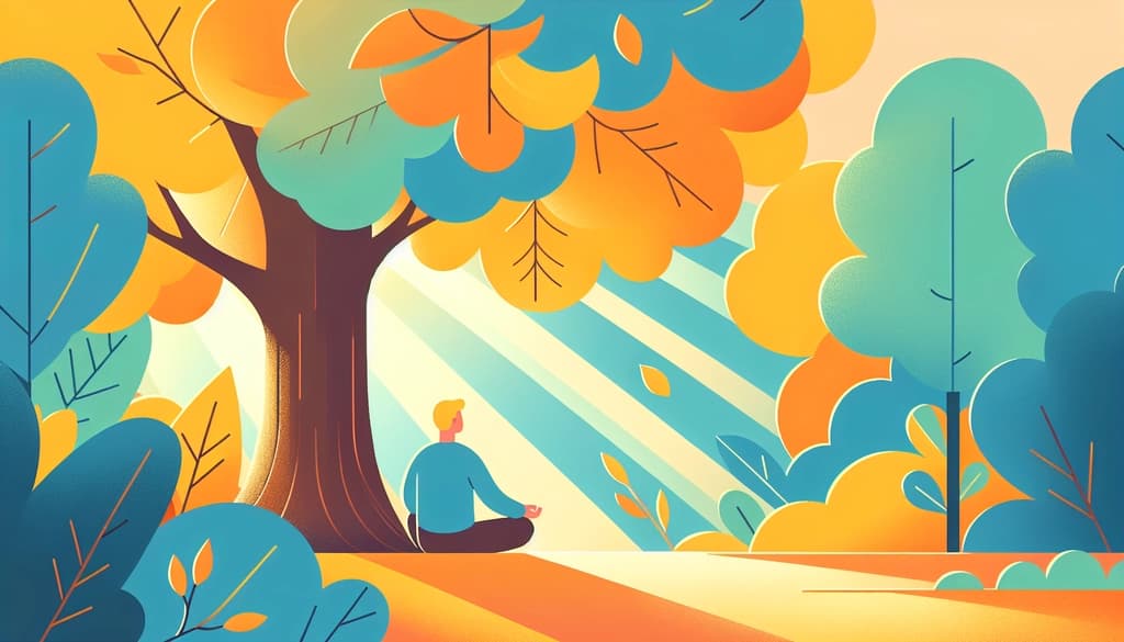 Person sitting quietly under a maple tree in sunlight, surrounded by autumn leaves.