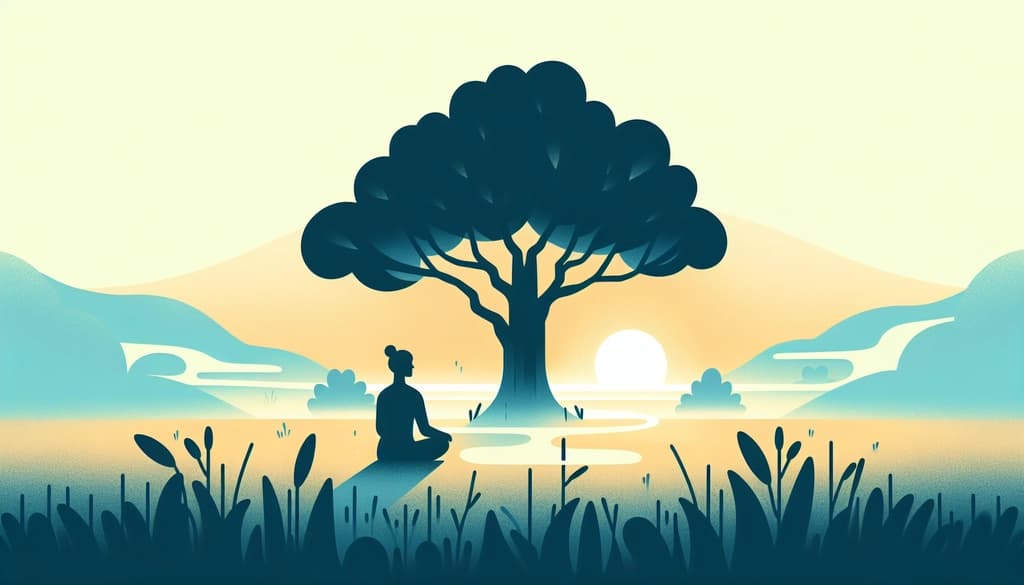 Person sitting under an oak tree at sunrise, surrounded by mist and quiet meadow.