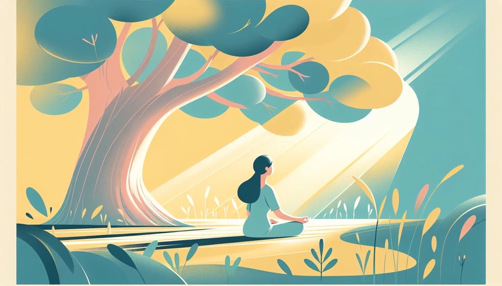 Person sitting under an oak tree in filtered sunlight, a setting that suggests wisdom and contemplation.