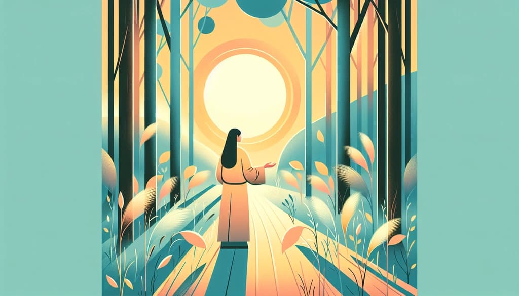 Person standing at a forest crossroads in evening light, open hands, wild grasses rustling around them.