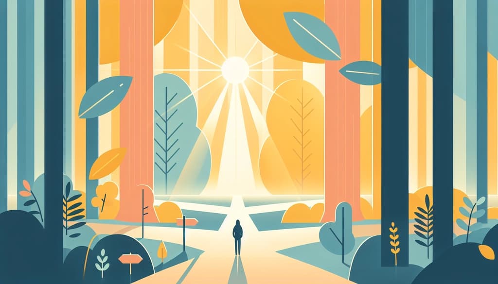 Person standing at a woodland crossroads at sunset, surrounded by golden autumn leaves.