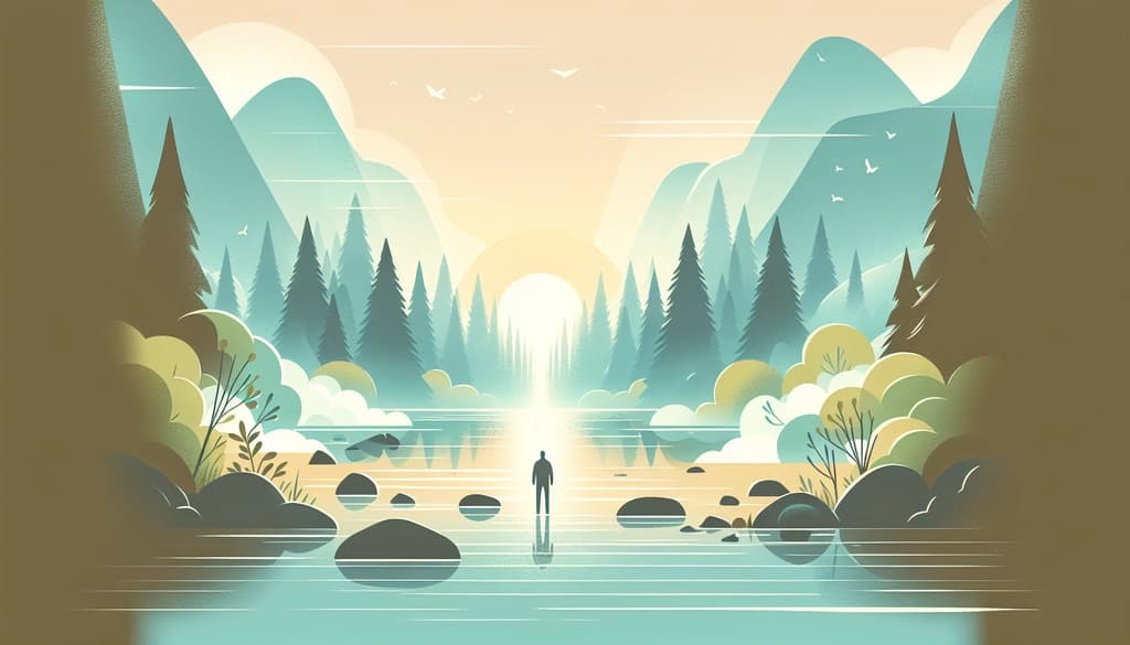 Person standing by a misty river at dawn, surrounded by forest and gentle morning light.