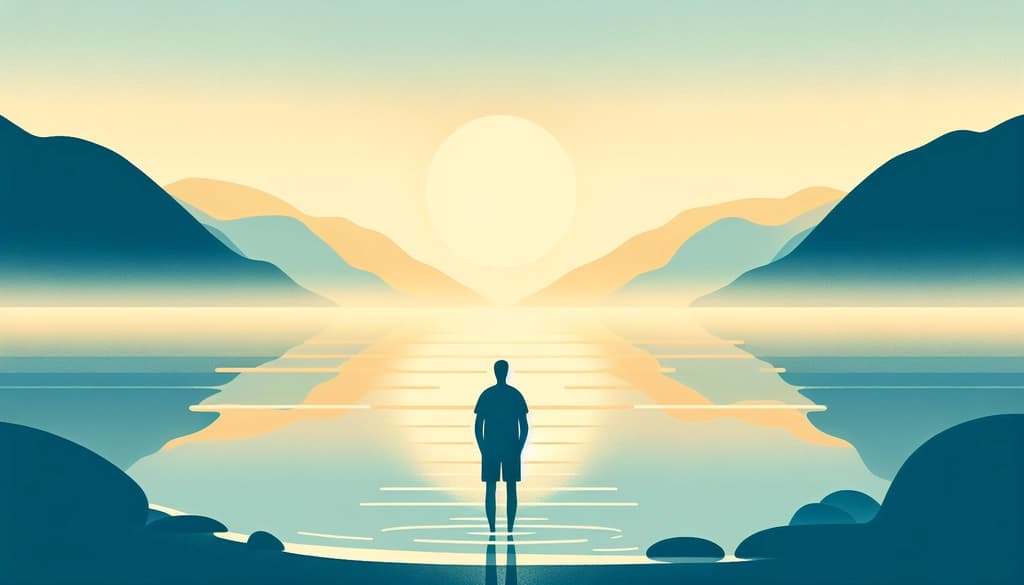 Person standing by a still lake at dawn, surrounded by mist and reflected light.