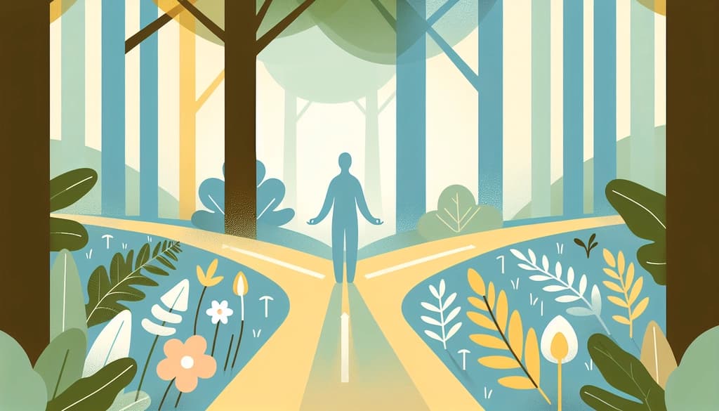 Person standing quietly at the meeting point of forest trails with sunlight filtering through.