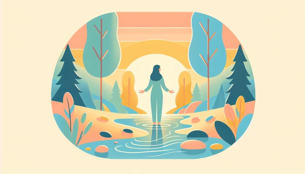 Person stands beside a river at dusk, hands open, gazing at the soft ripples and tree shadows.