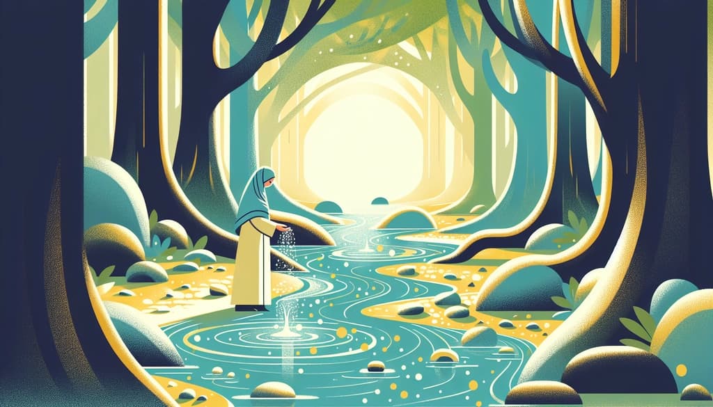 Person touching a mossy stream in a sunlit forest, symbolizing mindful action and wisdom.