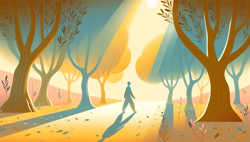 Person walking thoughtfully in a sunlit olive grove, surrounded by ancient trees.