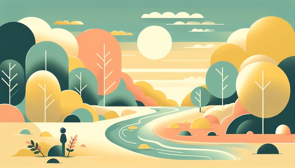 Riverbank in autumn with colorful leaves floating in water; a person watches from the shore.