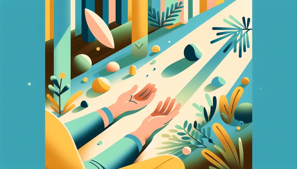 Soft sunlight through forest branches, dew on moss, hands resting open in morning shade.