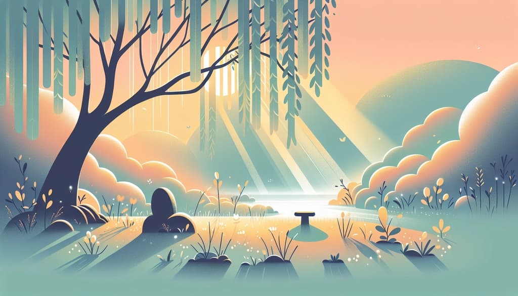 Stone meditation seat in a mossy clearing at dawn, light pouring through willow branches.