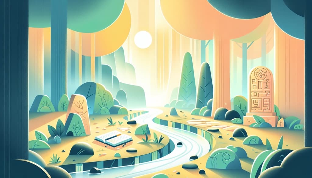 Stone path and ancient carvings in a sunlit, misty forest beside a stream.