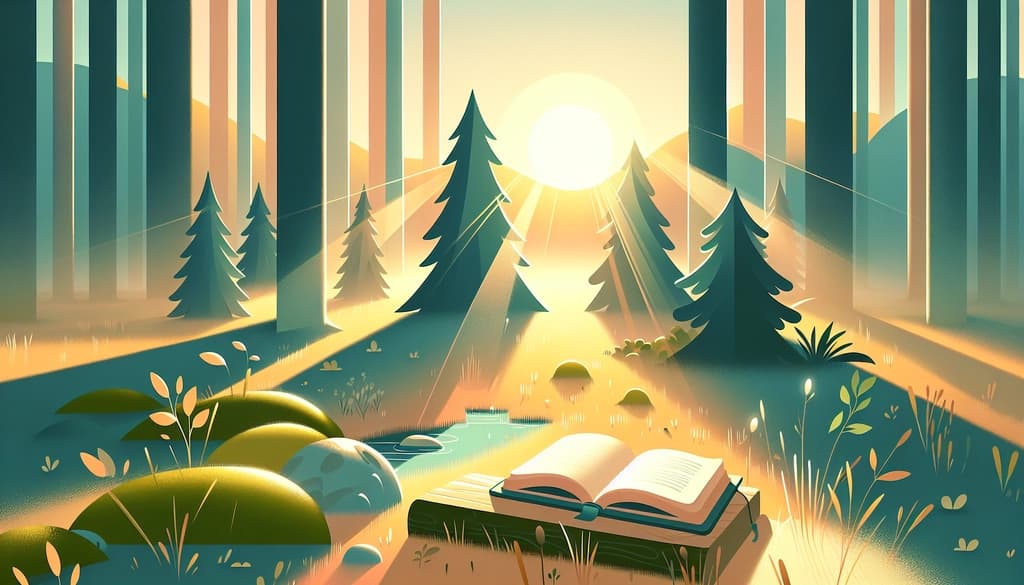 Sunlight falls on an open journal in a quiet forest clearing, surrounded by dew and mist.