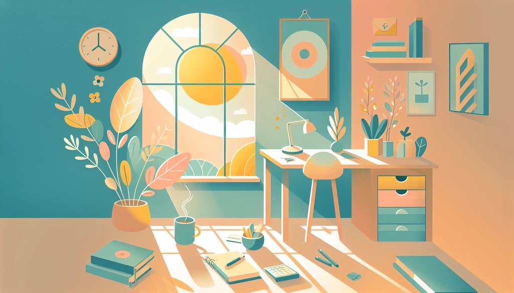 Sunlit window with journals, tea, and spring leaves in a peaceful study setting.