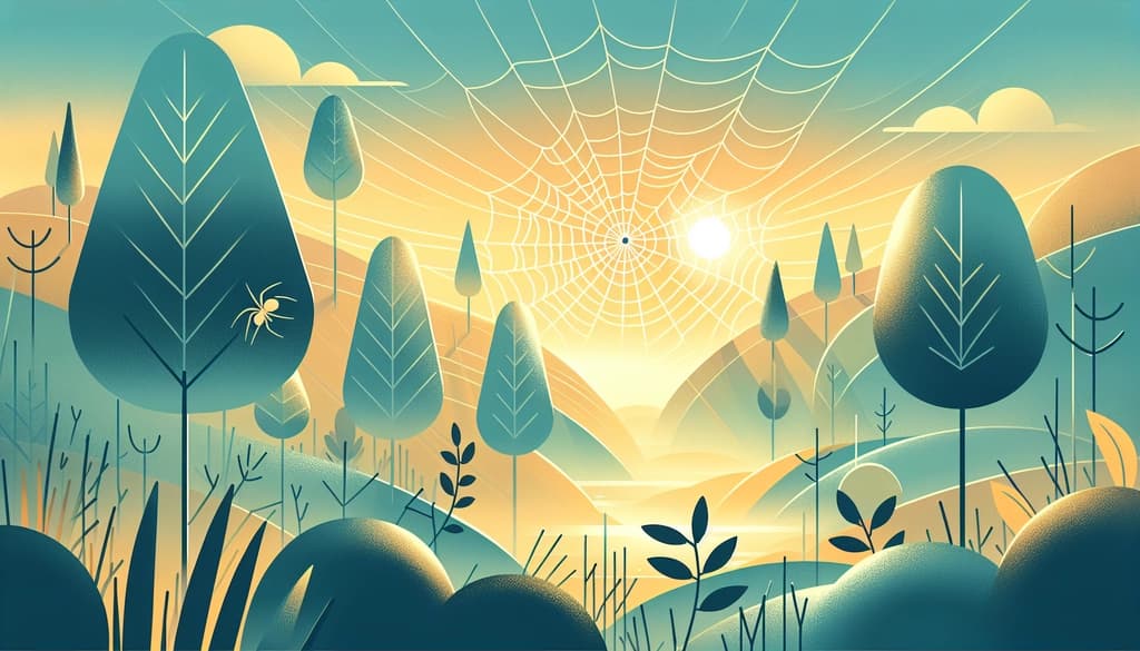 Sunrise illuminating foggy trees and dew-laden spiderwebs, symbolizing nature’s interconnectedness.