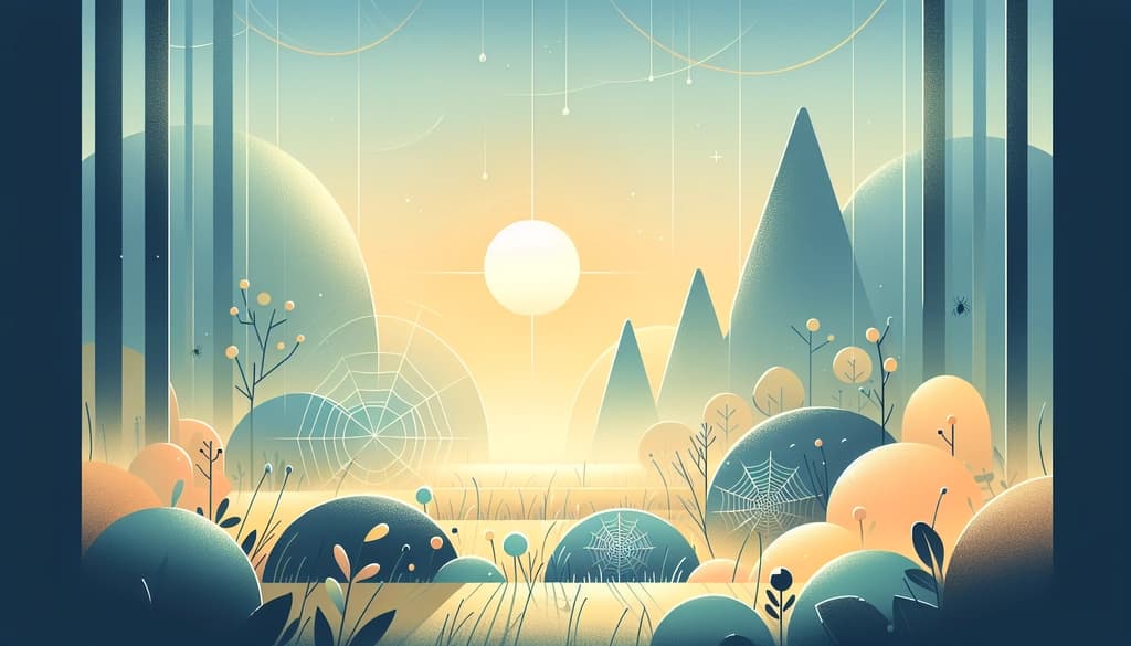 Sunrise in a quiet forest, dew on spiderwebs, evoking presence and gentle light.