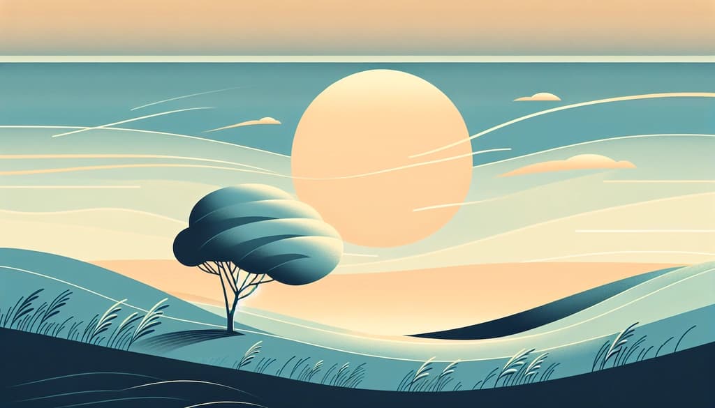 Tree standing on a hill in the dawn light, branches moving with the wind, surrounded by mist.