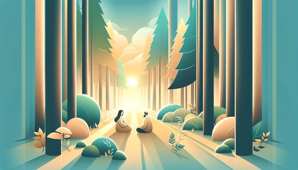 Two friends sitting closely in a sunlit forest clearing, surrounded by tall pines and morning light.