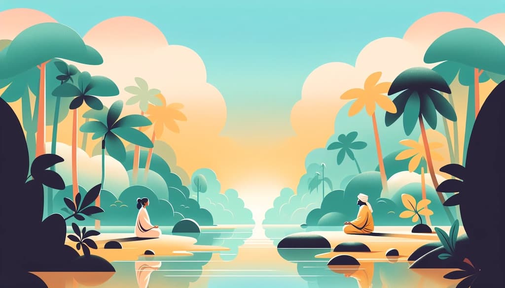 Two people meditating on opposite banks of a misty river, surrounded by lush green forest.