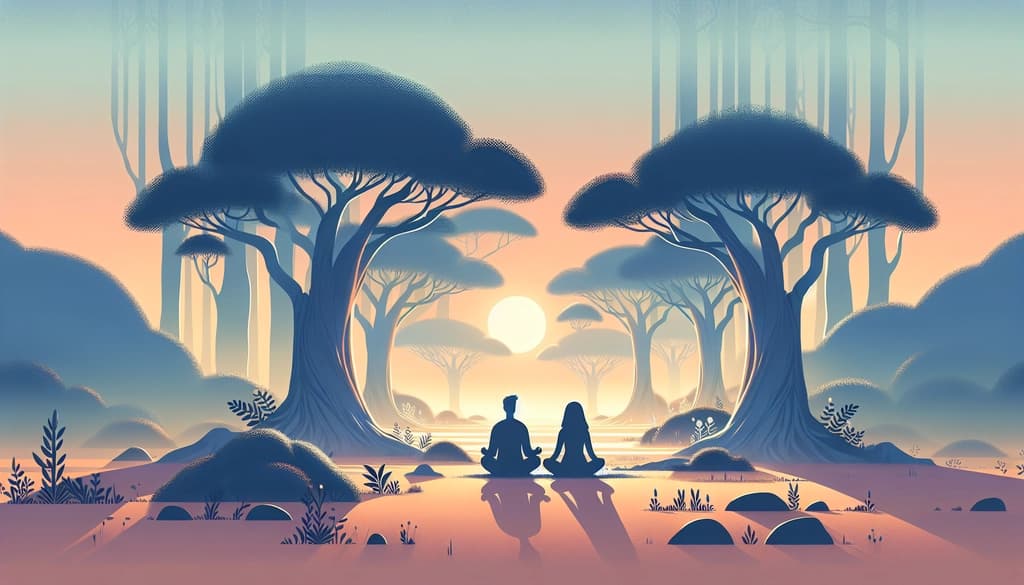 Two people sitting quietly in a woodland clearing at dusk, surrounded by mist and trees.