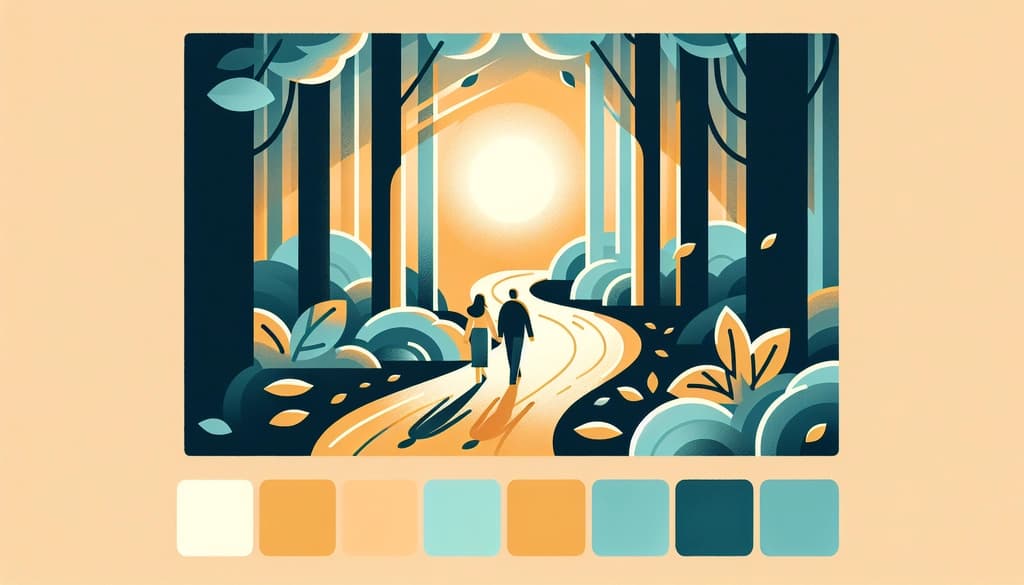 Two people walking a quiet, leaf-strewn forest path at dusk, golden light filtering through trees.