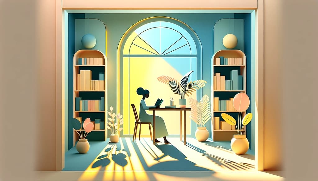Woman philosopher reading and writing in a sunlit library, surrounded by plants.