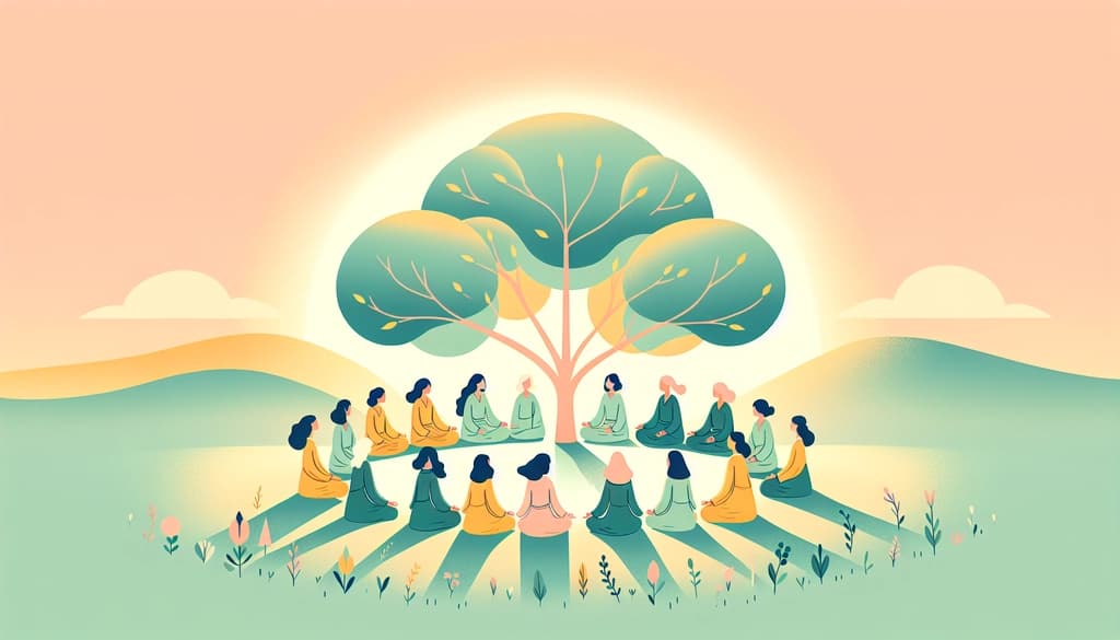 Women meditating together beneath a flowering tree at sunrise, bathed in gentle morning light.